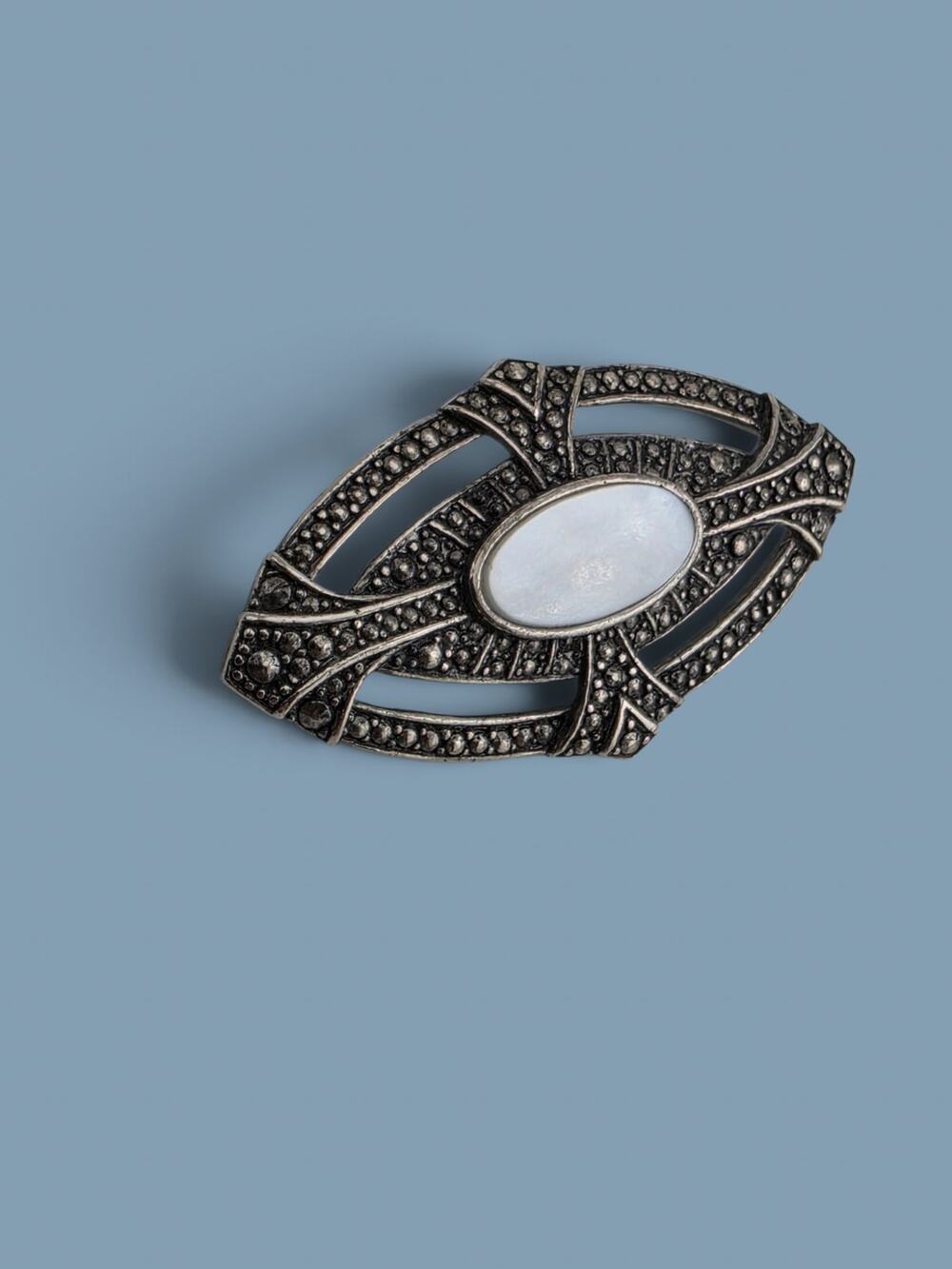 Vintage Art Deco Revival Mother of Pearl Silver Tone Geometric Brooch 2"